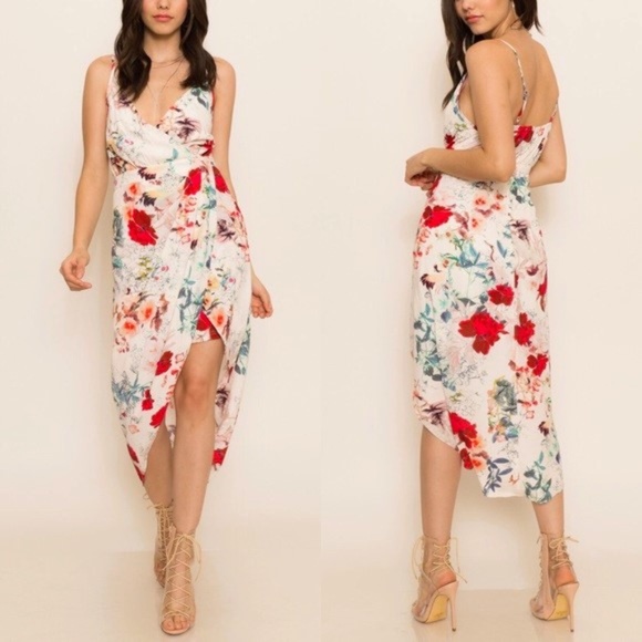 Floral, beige, spaghetti strap, v neck, midi to maxi, day to night, summer dress - Picture 4 of 10